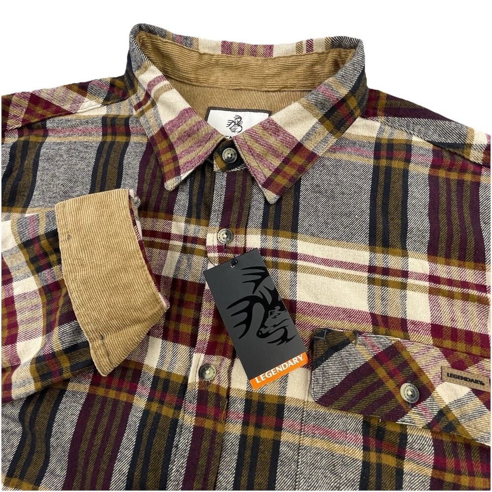 Legendary Whitetails Buck Camp Flannel Shirt Size XLT Plaid Corduroy Cuff Collar